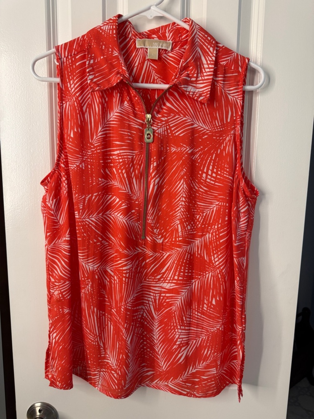 Michael Kors Orange and White Palm-Print Sleeveless Zip-Front Camisole
